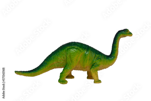 Toy dinosaur. A Diplodocus in profile isolated on a white background.