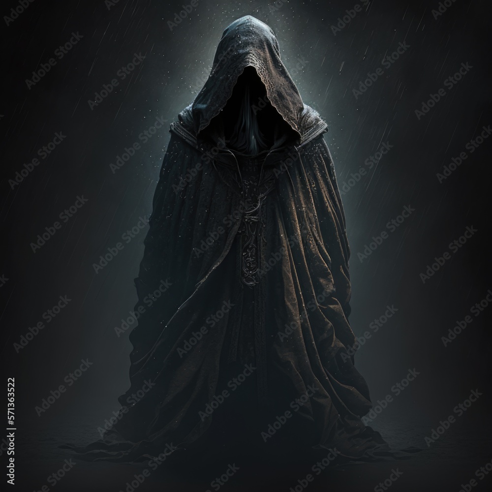 mysterious figure shrouded in a cloak of darkness, fantasy art, AI generation. - obrazy, fototapety, plakaty 
