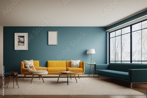 Teal Mid Century Living Interior with Yellow Accent Sofa and Blank Photo Frame Mockup Made with Generative AI