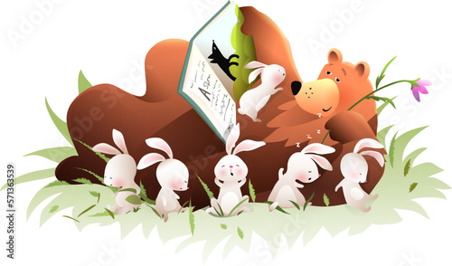 Animals reading a book in forest. Sleepy Bear reading a book to sleeping rabbits. Cute bedtime cartoon for children or nursery. Vector clipart kids illustration for school or library.
