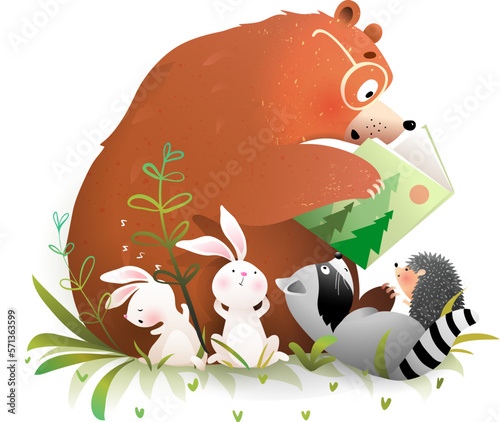 Bear reading a book to animals bunny and raccoon. Cute animals reading tales literature, learning and education illustration for kids. Hand drawn artistic vector clipart illustration for children.