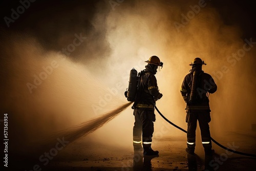 2 firefighters spraying high pressure water to fire with copy space. Generative AI
