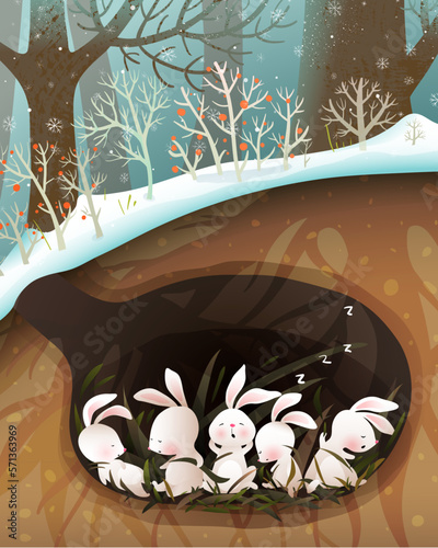 Rabbit family sleeping or hibernating in a den or burrow underground. Cute bunnies forest habitat illustration for children. Animals sleep in woods, cute wildlife graphics. Vector drawing for kids.