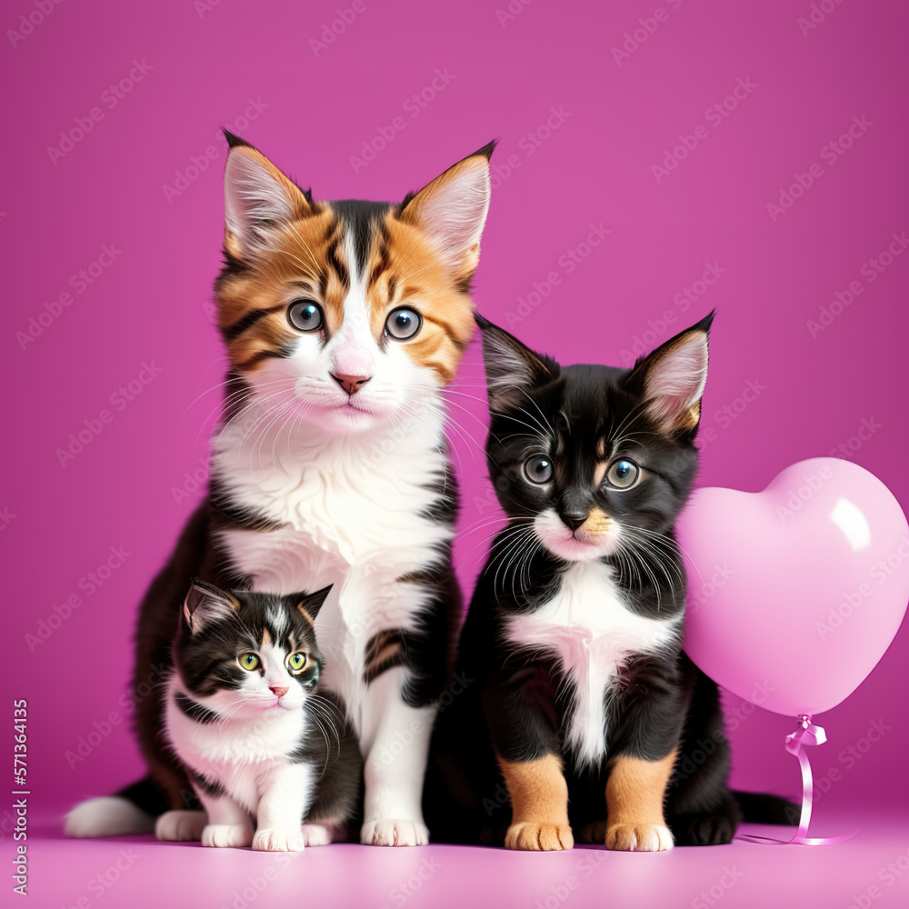Three Kittens Cuddling Up with a Heart-Shaped Balloon, Valentine's Day. Generative AI.