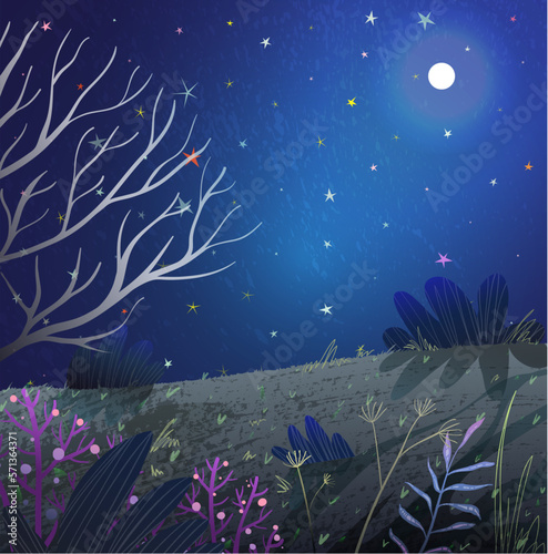 Nature scenery at night under shiny stars. Magic dark landscape fantasy background for kids. Stars in the night sky, colorful waapaper. Hand drawn artistic textured vector illustration
