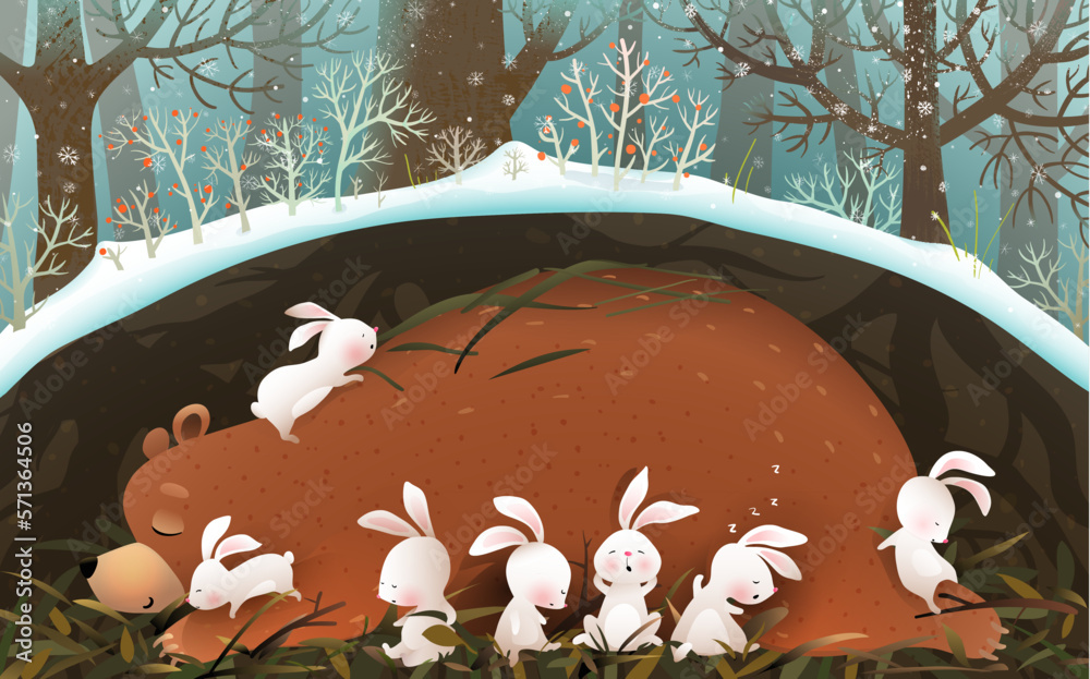 Animals sleeping in den in woods, bear and bunnies asleep in a burrow