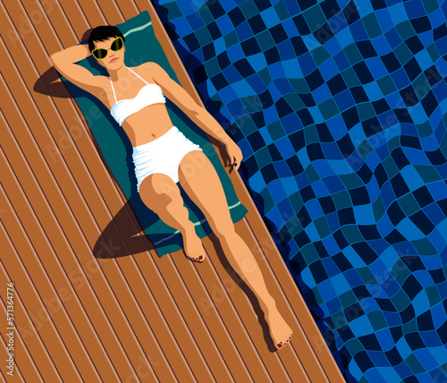 Top view of a skinny girl chilling next to a pool, in a white swimsuit