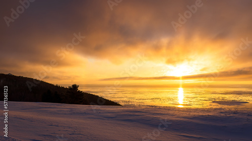 Charlevoix, sunrise on the St. Lawrence coast, typical landscape of the village of Cap-à-l'aigle.