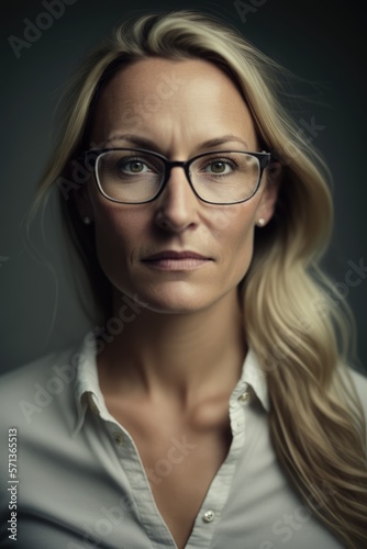 Attractive Mid aged woman using eyeglasses wearing a white shirt looking at the camera. Generative AI