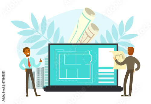 Man Architect Discussing Project and Blueprint Drawing for House Engineering Vector Illustration