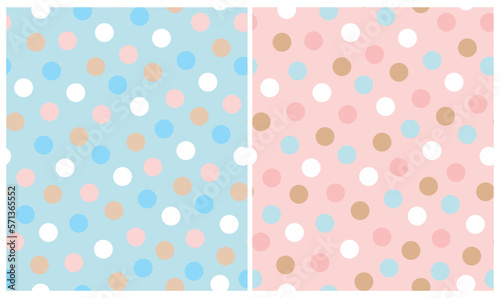 Simple Dotted Seamless Vector Patterns. Colorful Dots Isolated on a Pastel Pink and Light Blue Background. Polka Dots Print. Cute Simple Abstract Repeatable Print with Spots ideal for Fabric. © Magdalena