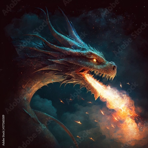 giant fire-breathing dragon soaring through the night sky, fantasy art, AI generation. © Justlight