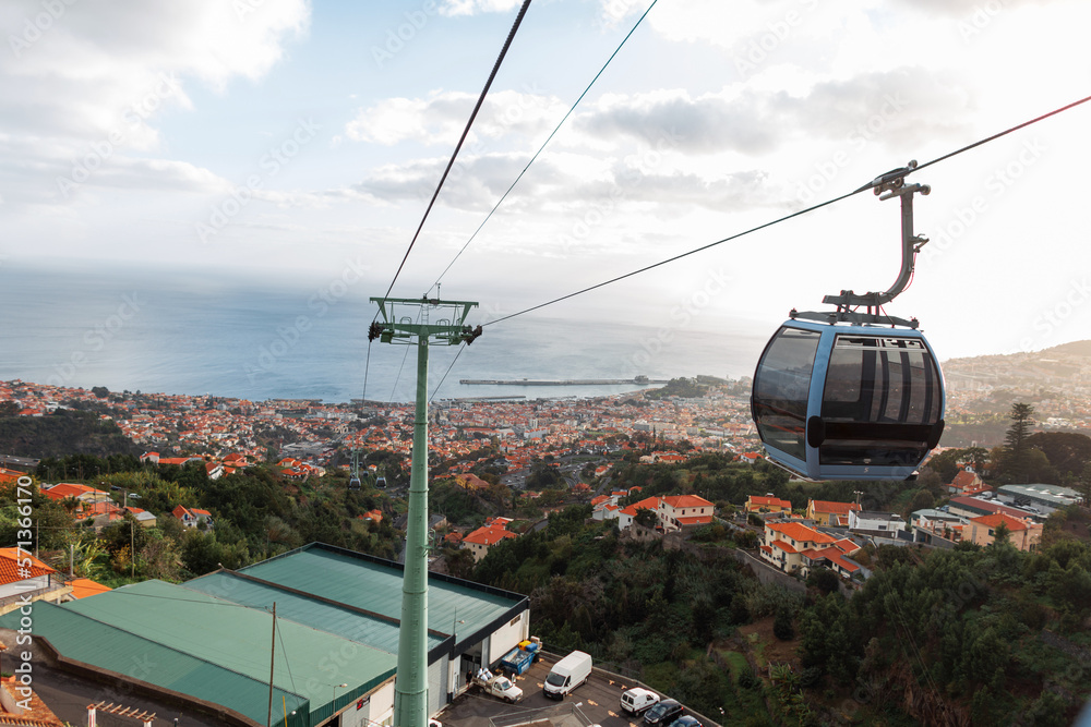 Beautiful city of Funchal near the ocean, view from the funicular cable car. Madeira Island, travel and recreation