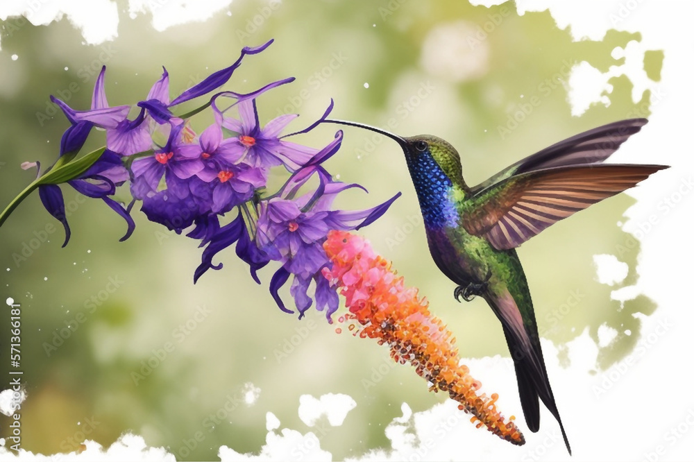 hummingbird gliding in the air and drinking nectar from a flower hummingbird gliding in the air and drinking nectar from a flower