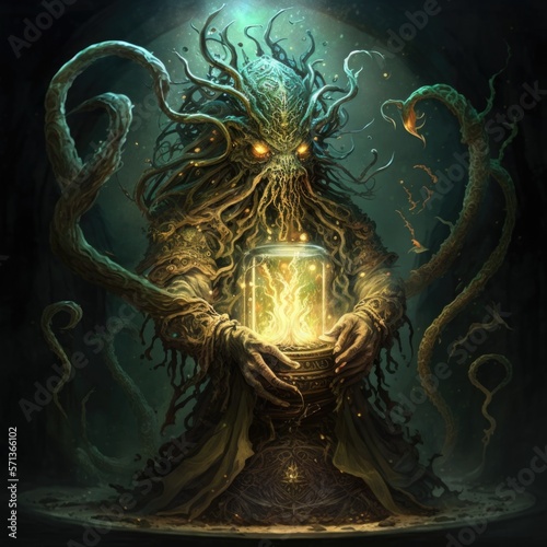 ancient ritual to summon an eldritch abomination, fantasy art, AI generation.