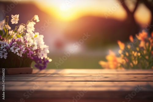 Spring Table - Spring flowers And Wooden Plank At Sunset   Generative ai