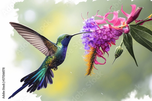 hummingbird gliding in the air and drinking nectar from a flower © Art-AI47