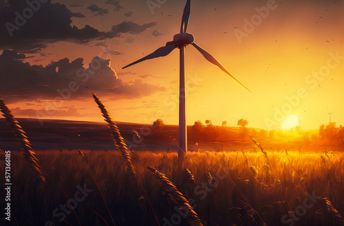Sunset behind a wind turbine, shadows stretching across a field of waving grass. Harnessing the power of nature to create a sustainable future. Generative AI photo
