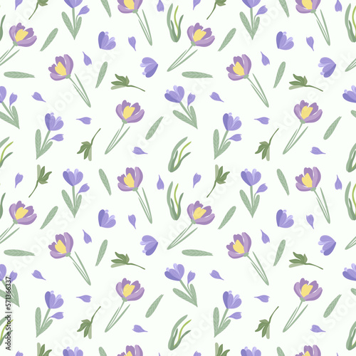 Seamless pattern with purple crocuses, green leaves. Spring flowering. Floral pattern can be used as textile, fabric, wallpaper, banner, etc. Vector. © YustynaOlha