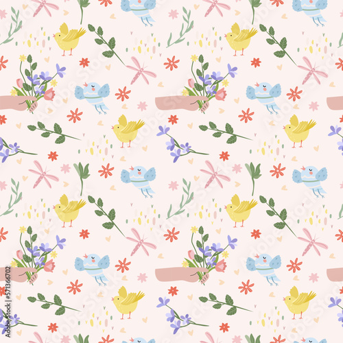 Seamless pattern with various flowers in hand, bird, butterflies, hearts. Spring flowering. Floral pattern can be used as textile, fabric, wallpaper, banner, etc. Vector.