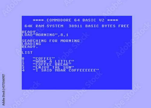 Photos A screen grab with the commands to load a morning program on an old retro vintage Commodore 64 (C64) home computer, returning funny instructions regarding coffee