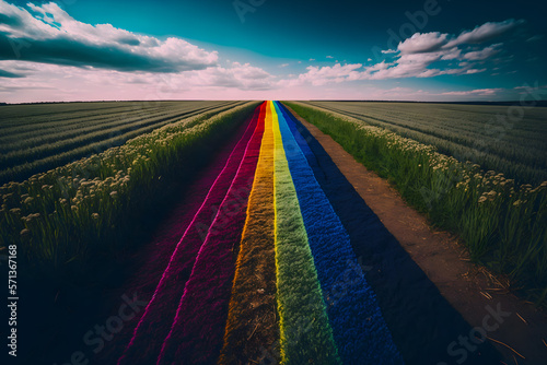 The concept of a colored rainbow road path among the monotonous green grass. Generative AI