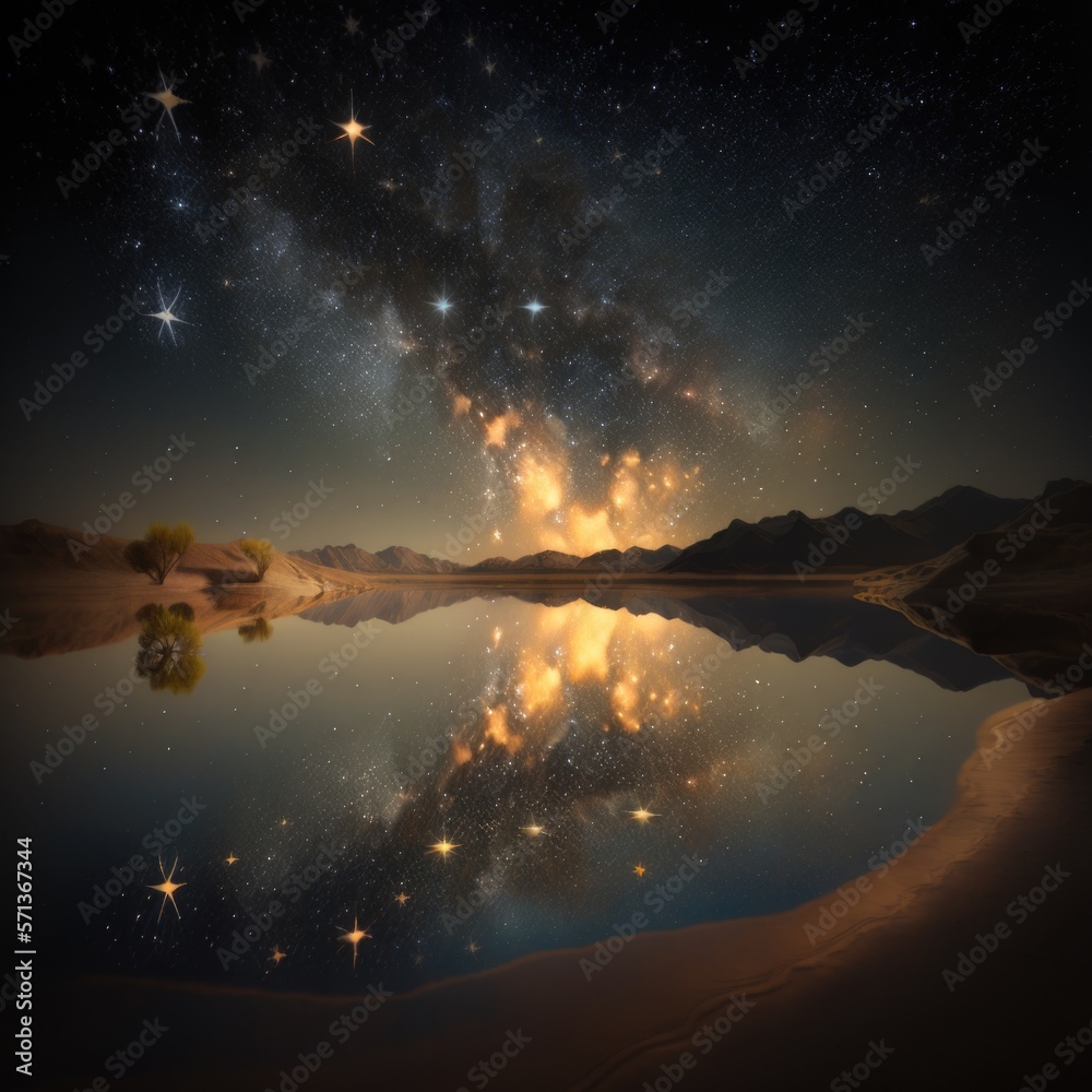 Fototapeta premium pristine pool of stars reflected on a still lake, fantasy art, AI generation.