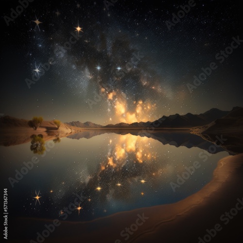 pristine pool of stars reflected on a still lake, fantasy art, AI generation.