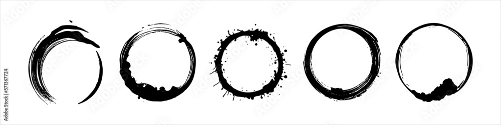 Set of black graffiti paint brushstroke circles. Zen ink frames collection. Vector elements for artistic design isolated on white background. Set of black graffiti paint brushstroke circles. Zen ink frames collection. Vector elements for artistic design isolated on white background.