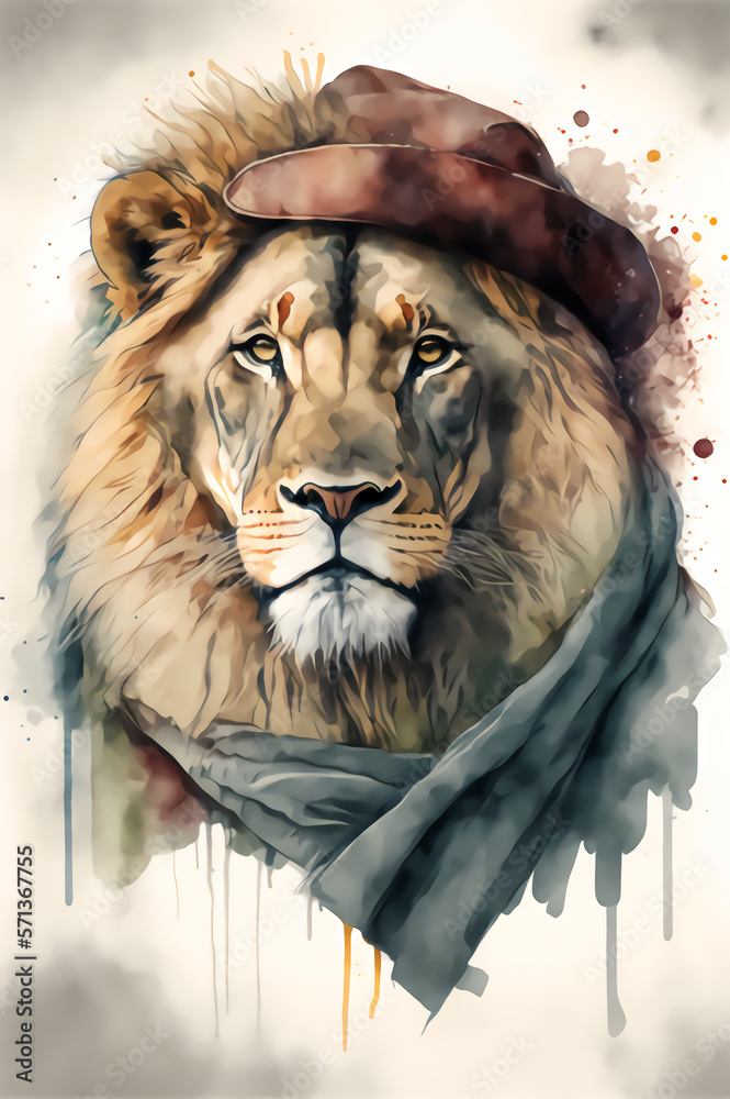 Generative AI drawing of a lion on a white background, wearing a scarf ...