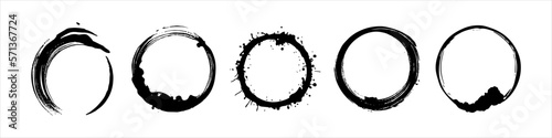 Set of black graffiti paint brushstroke circles. Zen ink frames collection. Vector elements for artistic design isolated on white background.