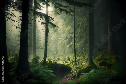 Generative AI, illustration of a drawing of a forest with a beam of light in the middle