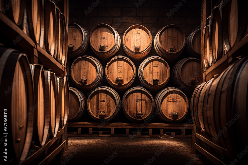 Wine barrels in a old wine cellar. Grape barrels in wine storage. Wooden  oak barrels with