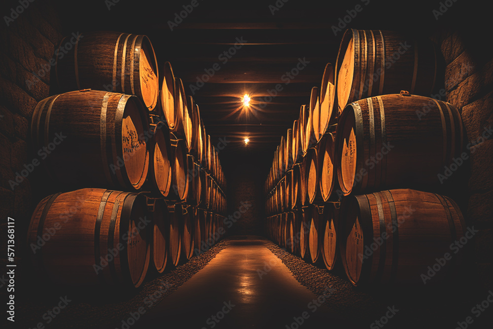 Wine barrels in a old wine cellar. Grape barrels in wine storage. Wooden  oak barrels with