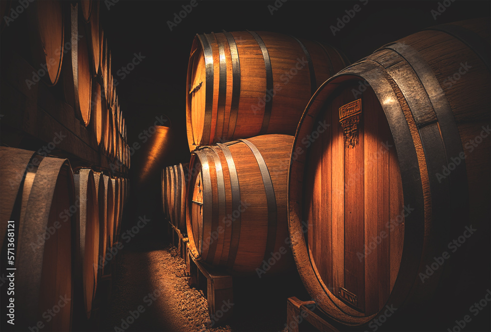 Wine barrels in a old wine cellar. Grape barrels in wine storage. Wooden oak barrels with whiskey in storage. Vintage Wine in an old barrel. Storage of whiskey . Barrel storage of rum.