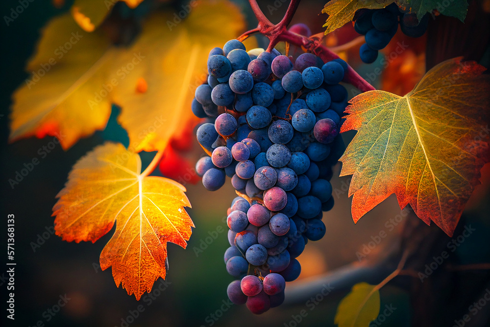 Grapes on branch in grape plantations. Bunch of red wine ripe grapes on harvest on vineyard. Grapevine in Vineyards plant. Vintage wine. Blue Wine grapes on vine. Grapevine for red wine. Spain