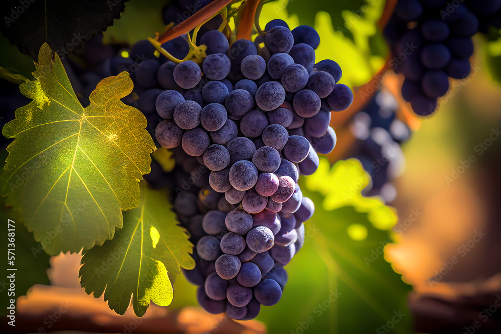 Grapes on branch in grape plantations. Bunch of red wine ripe grapes on harvest on vineyard. Grapevine in Vineyards plant. Vintage wine. Blue Wine grapes on vine. Grapevine for red wine. Spain