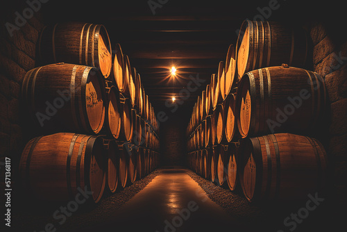 Wine barrels in a old wine cellar. Grape barrels in wine storage. Wooden oak barrels with whiskey in storage. Vintage Wine in an old barrel. Storage of whiskey . Barrel storage of rum.