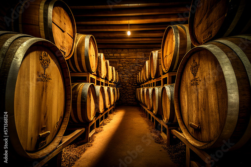 Foto Wine barrels in a old wine cellar