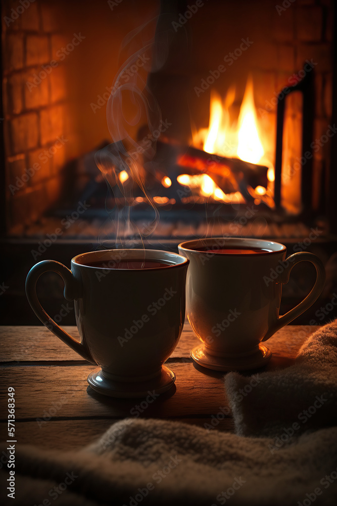 Two cups of steaming hot tea in front of fireplace, Generative ai Two cups of steaming hot tea in front of fireplace, Generative ai
