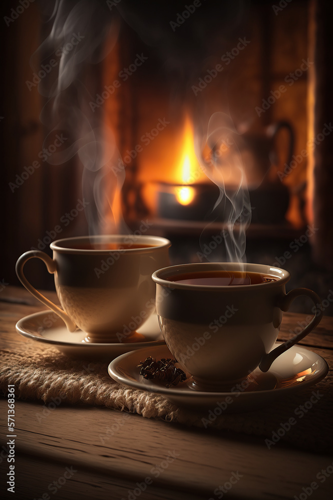 Two cups of steaming hot tea in front of fireplace, Generative ai Two cups of steaming hot tea in front of fireplace, Generative ai