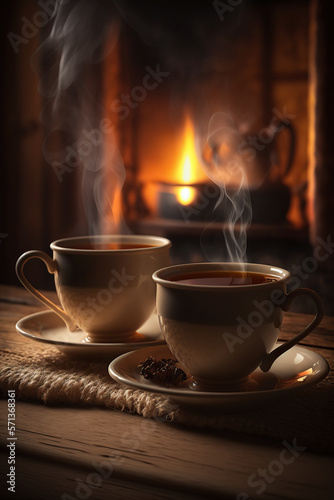 Two cups of steaming hot tea in front of fireplace  Generative ai