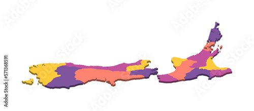 New Zealand political map of administrative divisions - regions. Isometric 3D blank vector map in four colors scheme.