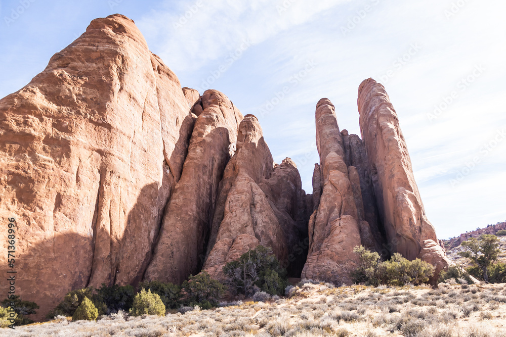 Rock formations in the dry and arid landscape of Utah in the United States.