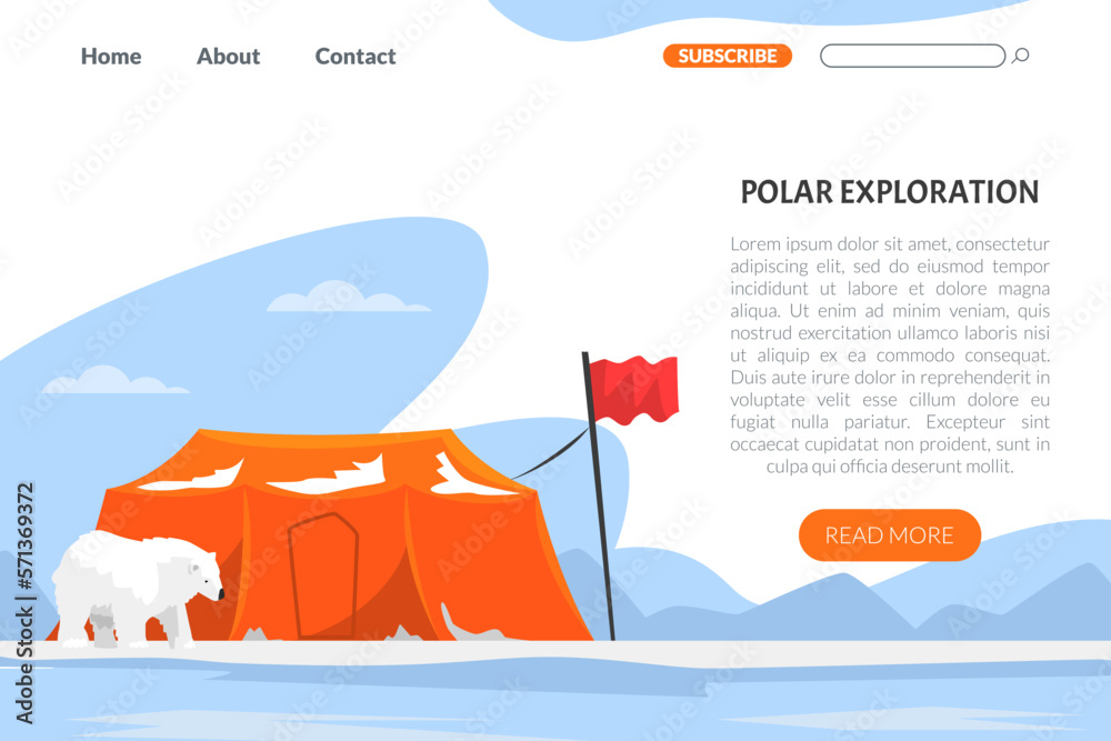 Polar exploration landing page. Arctic research. Scientific station on North Pole vector illustration