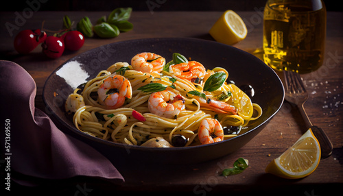 A pasta dish with shrimp, garlic and olive oil generative AI photo
