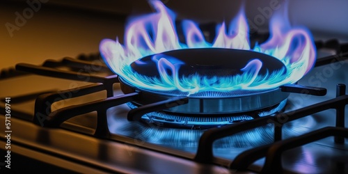 a close up of a blue fire on a stovetop in a home. a gas cooker with propane fueled flames. Industrial resources and the idea of an economy. Generative AI