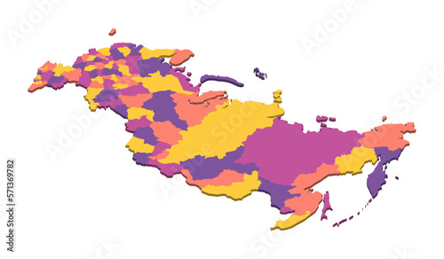 Russia political map of administrative divisions - oblasts, republics, autonomous okrugs, krais, autonomous oblast and 2 federal cities of Moscow and Saint Petersburg. Isometric 3D blank vector map in