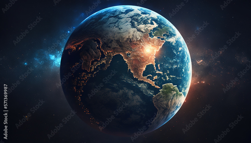 Planet earth in space. Artificial intelligence generated image of our planet globe with seas and green forests. Earth against dark cosmos space, stars and various Milky ways. Generative ai.
