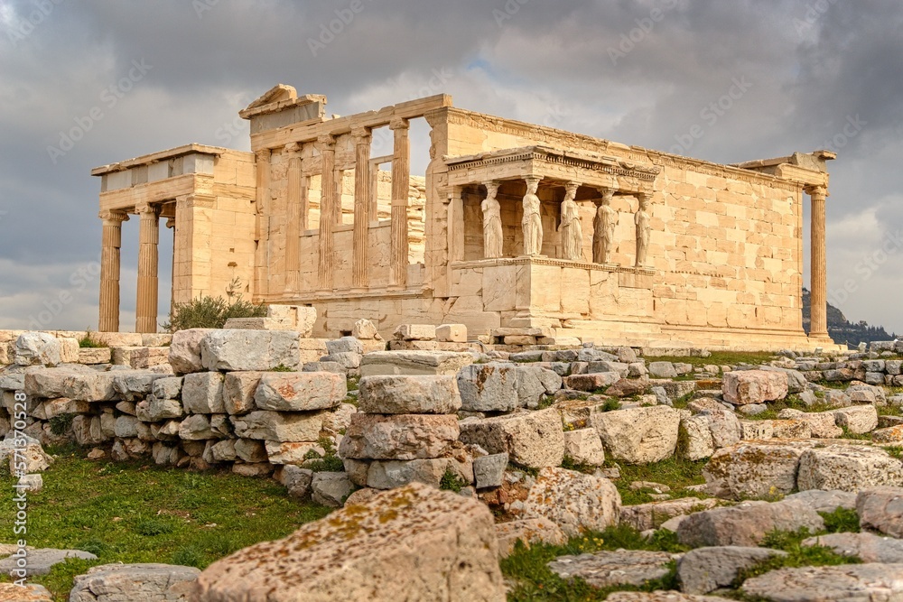 The Erechtheion (Erechtheum), Temple of Athena Polias, an ancient Greek Ionic temple-telesterion on the north side of the Acropolis, Athens, which was primarily dedicated to the goddess Athena